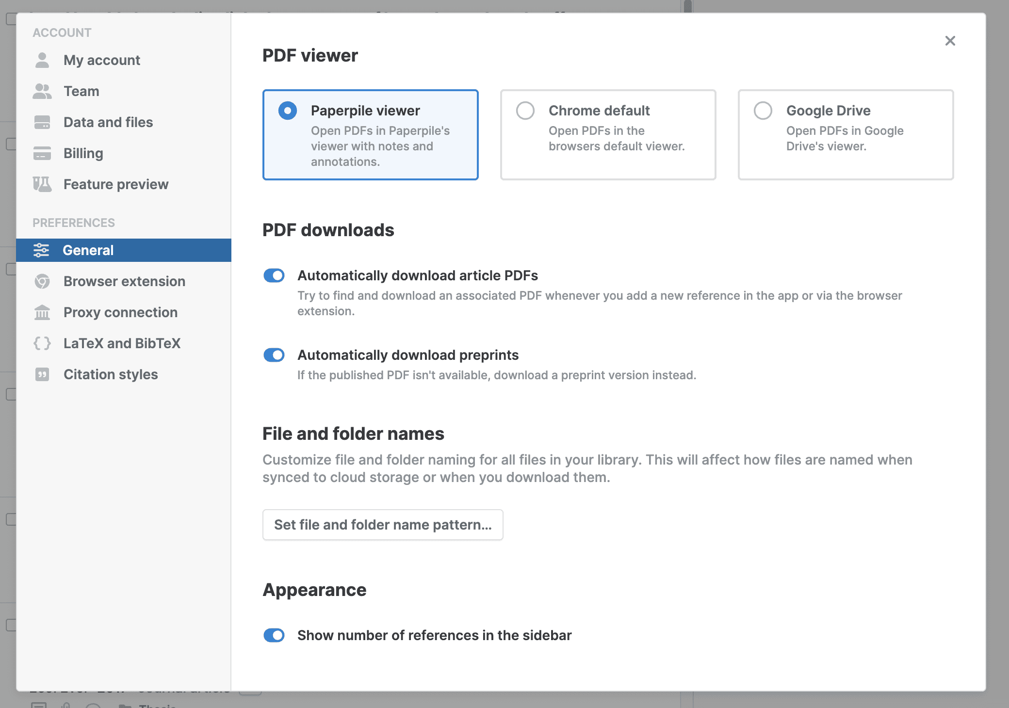 Settings › General with the PDF viewer choice showing Paperpile viewer selected alongside Chrome default and Google Drive, above PDF downloads toggles for article PDFs and preprints.